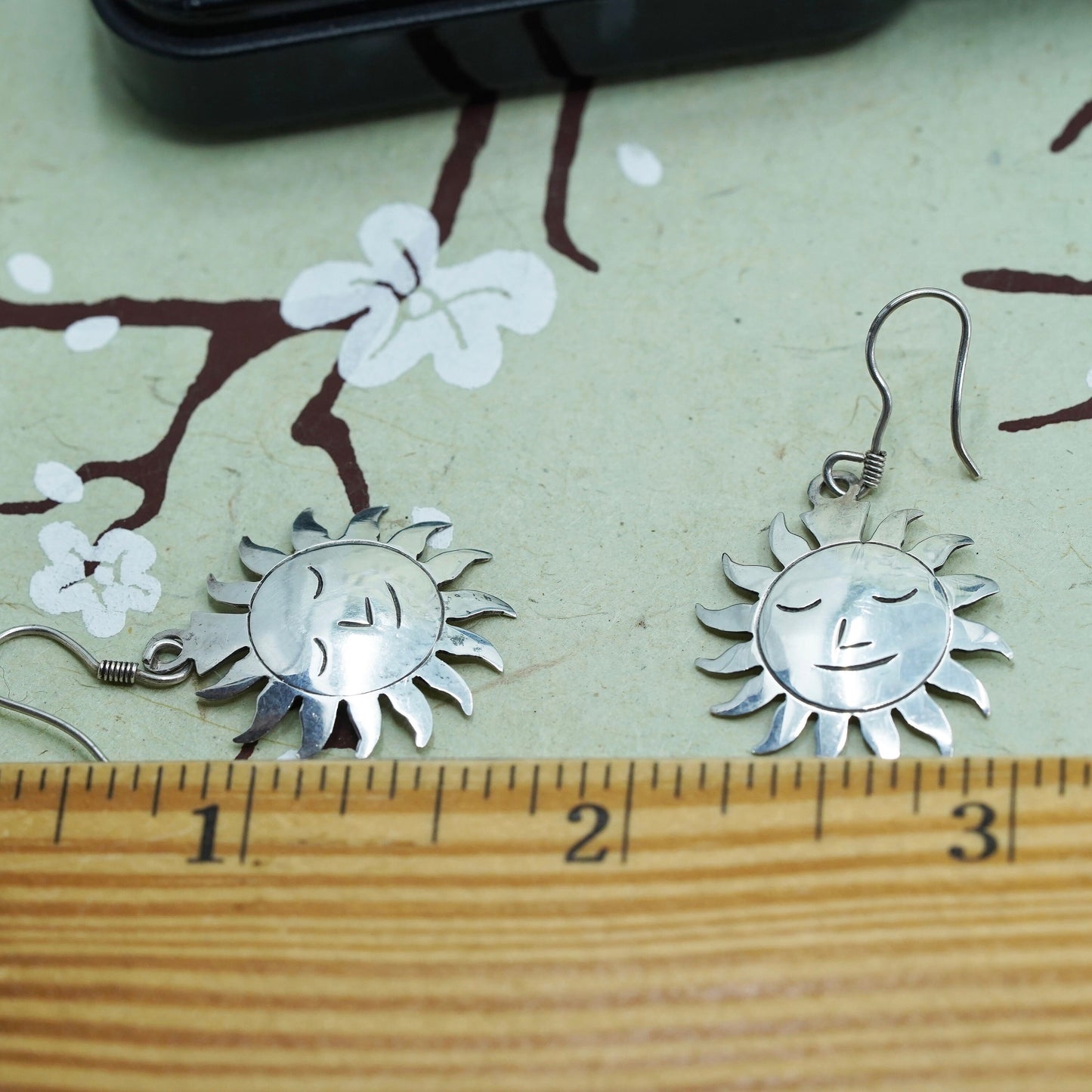 Sterling silver handmade earrings, Mexico 925 silver analog man sun face drops