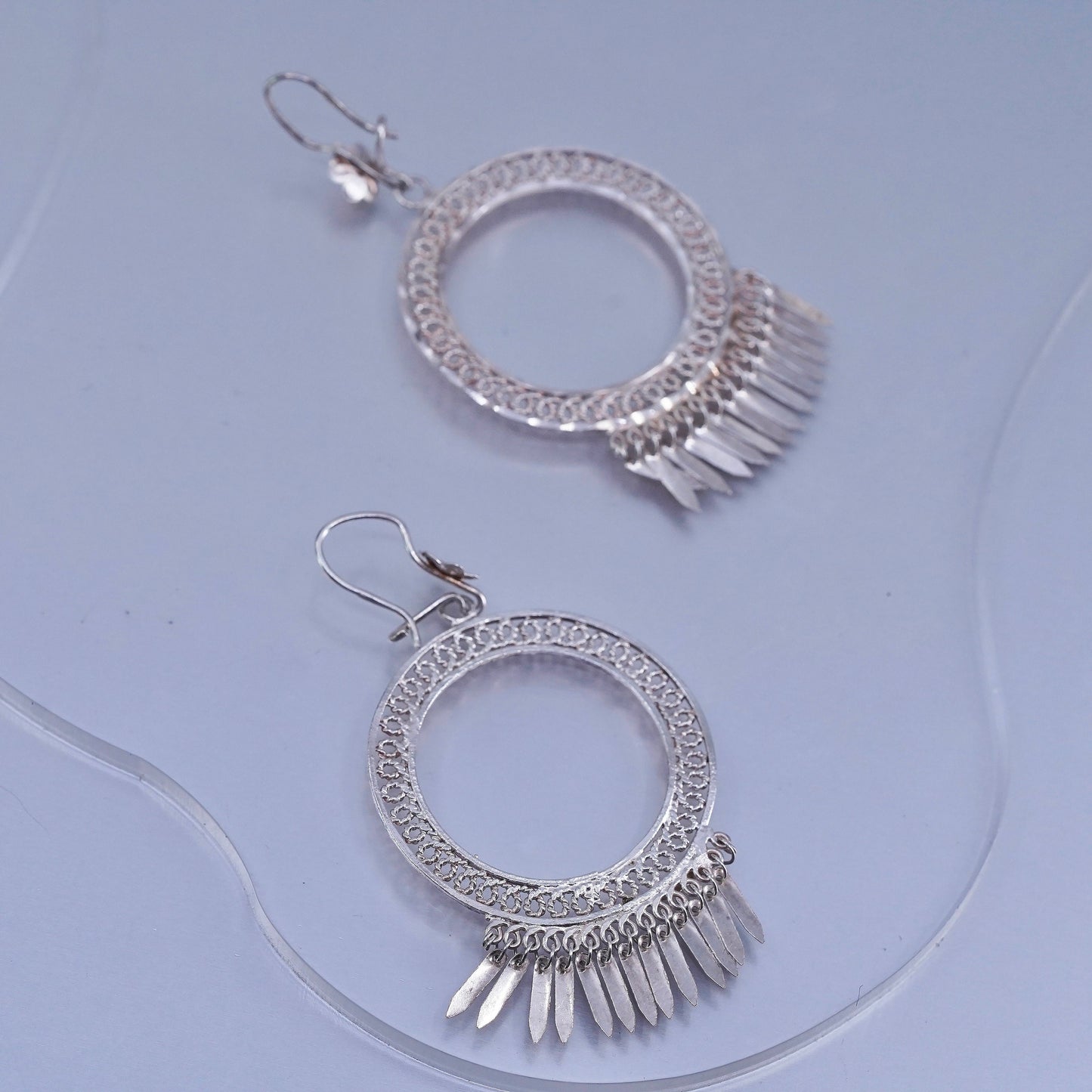 Vintage Sterling 925 silver filigree circle earrings with fringe dangles