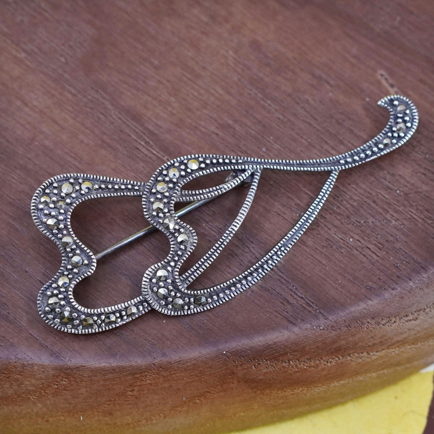 Vintage handmade sterling 925 silver double heart brooch with Marcasite