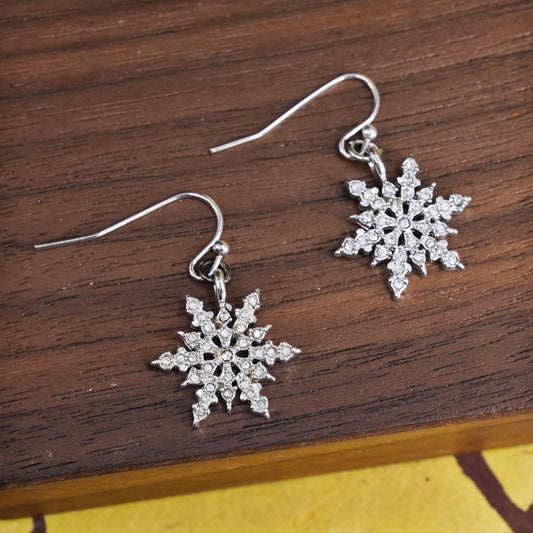 Vintage Sterling silver handmade earrings, 925 snowflake drops with cz