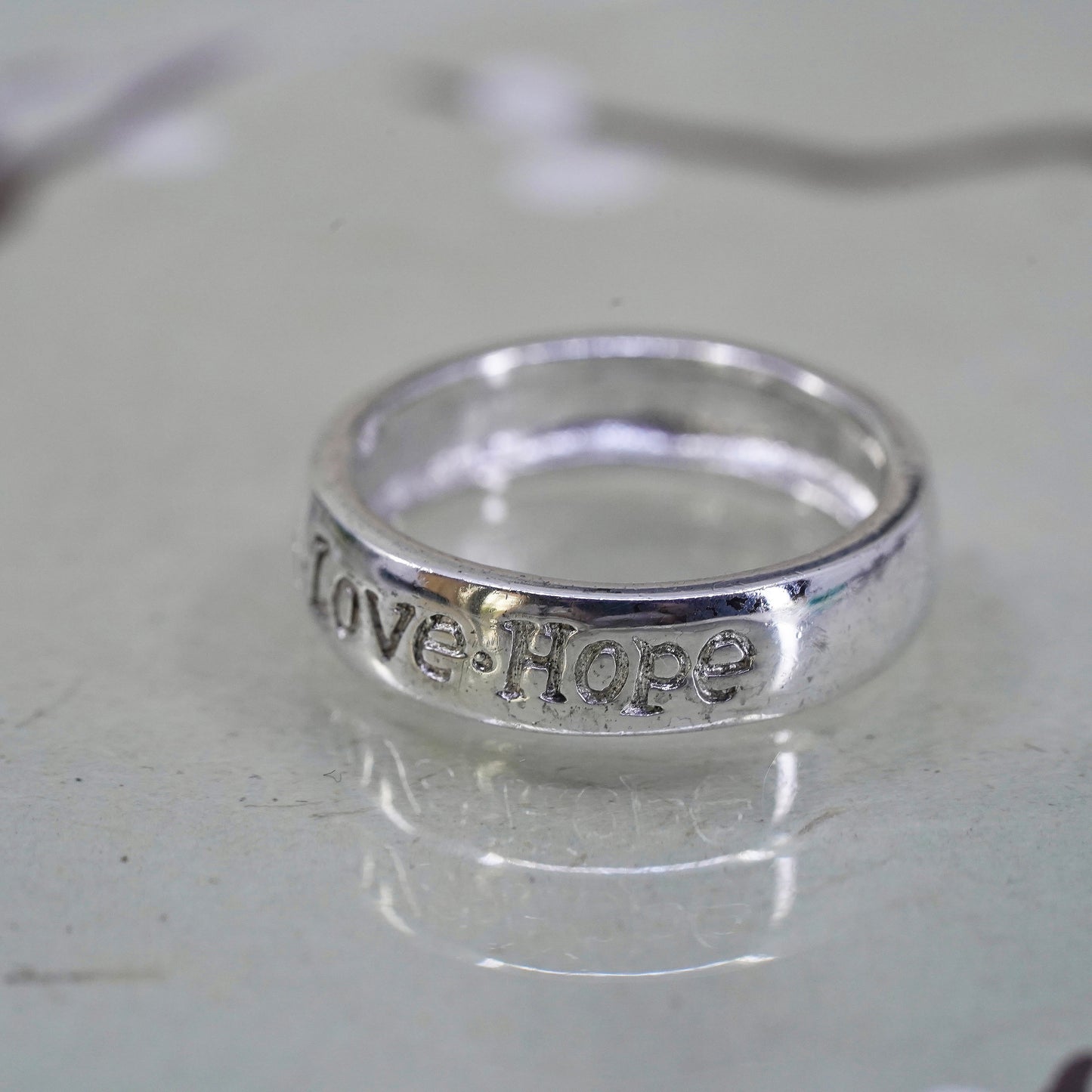Size 6, Vintage sterling silver ring, 925 quote band engraved "faith love hope"