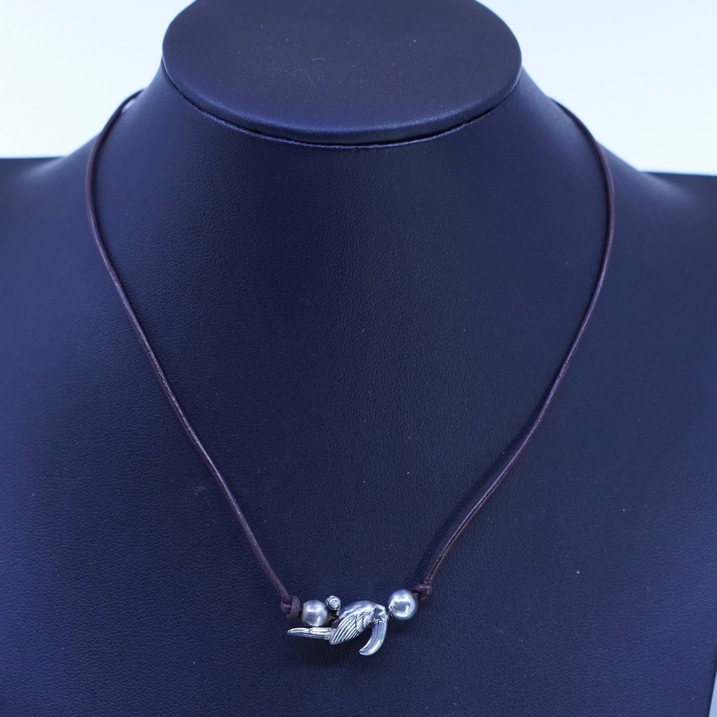 14”, 925 Sterling Silver Handmade brown leather Necklace with toucan charm