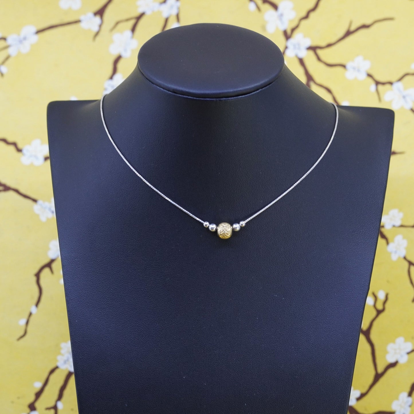 16+2”, two tone Sterling silver necklace, 925 snake chain gold bead pendant