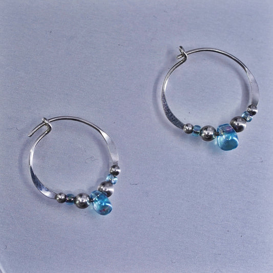 0.75”, Sterling silver handmade earrings, 925 hoops with blue glass beads