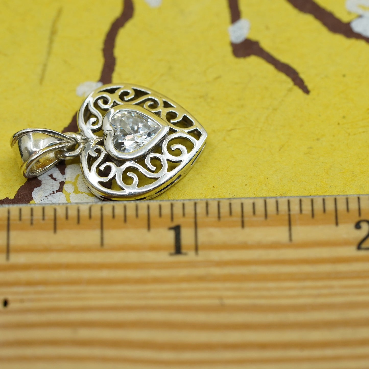 Vintage Sterling 925 silver heart shaped pendant with heart Cz