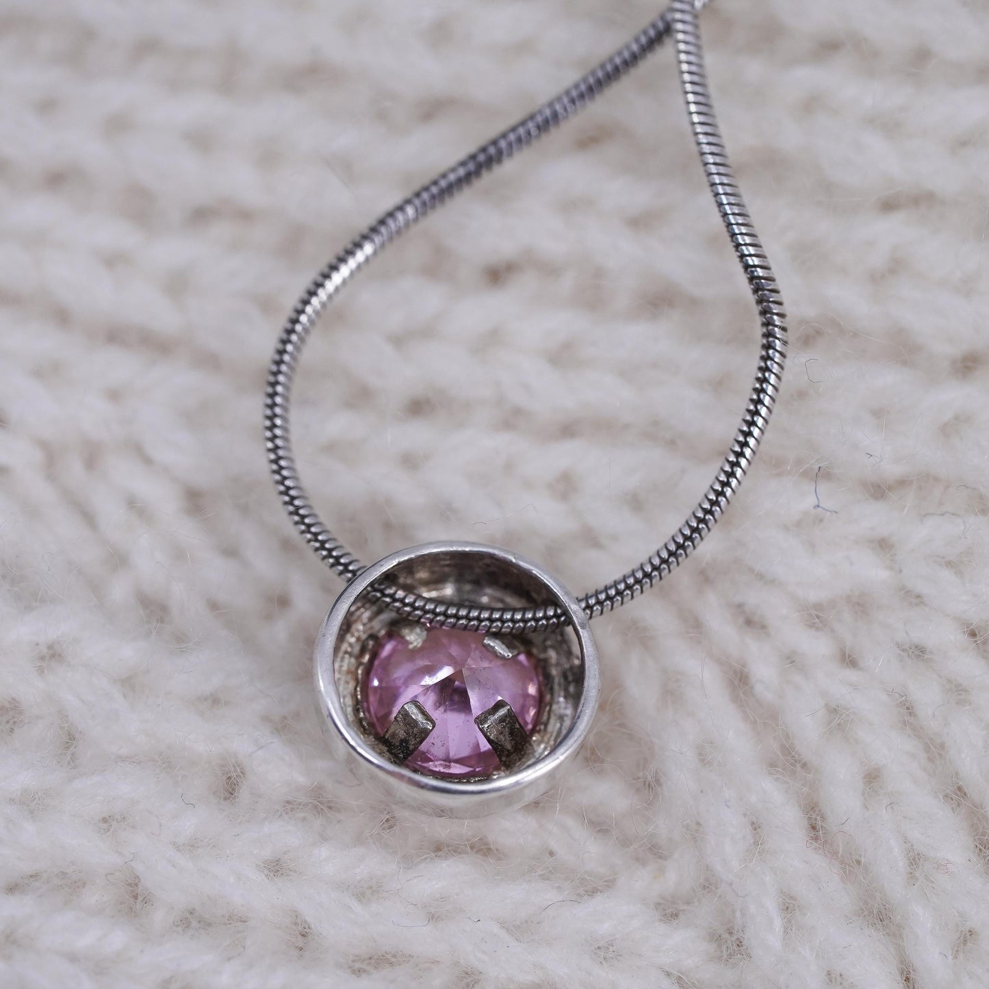 16", Sterling 925 silver snake chain necklace with pink crystal circle pendant