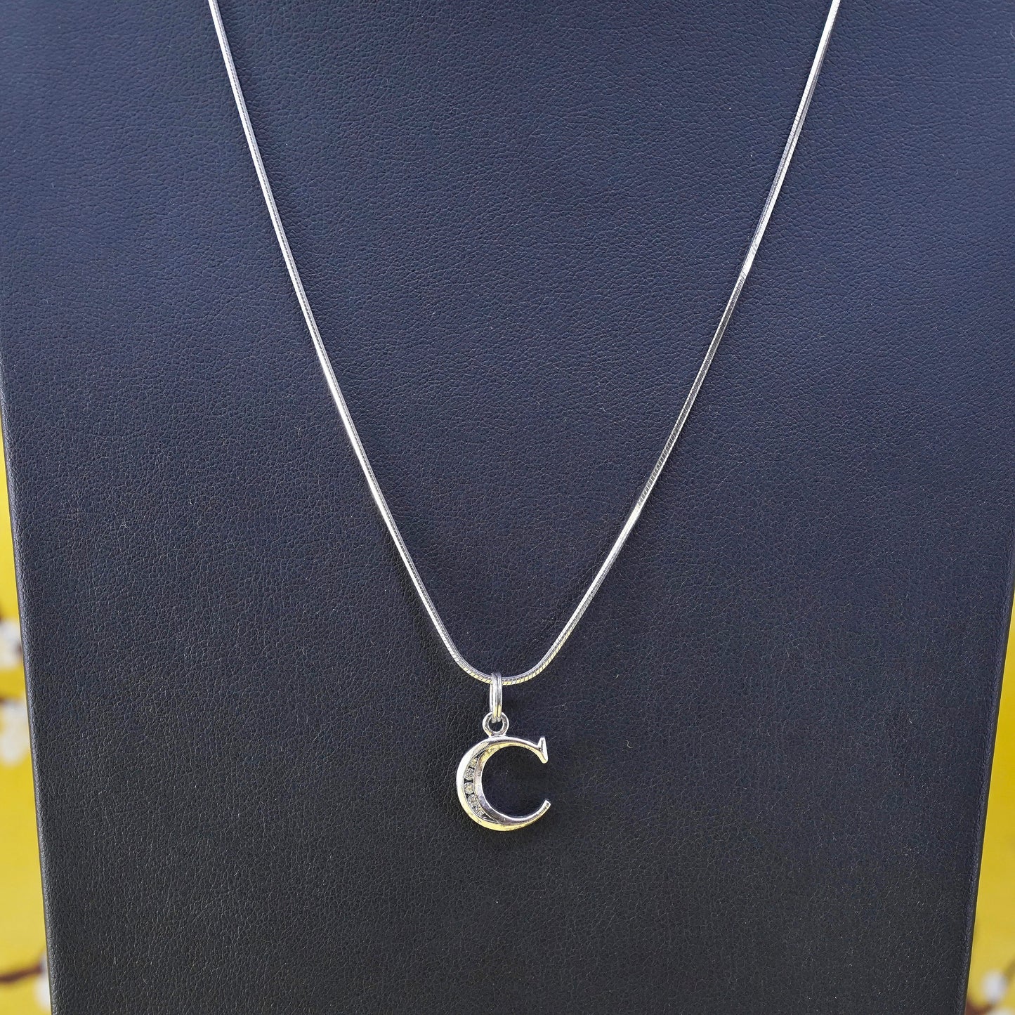 20” Sterling silver necklace, Italy 925 snake chain with cz letter C moon