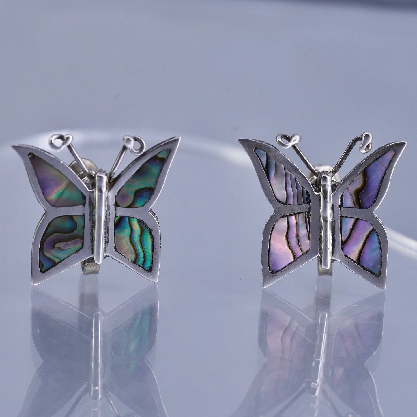 Vintage Sterling 925 silver handmade earrings, butterfly screw back w/ abalone