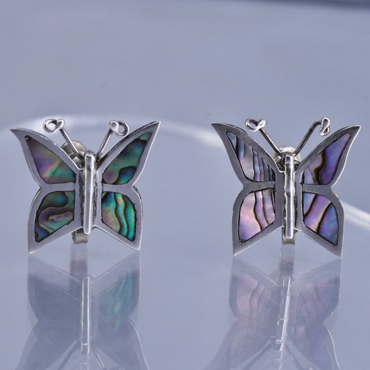 Vintage Sterling 925 silver handmade earrings, butterfly screw back w/ abalone