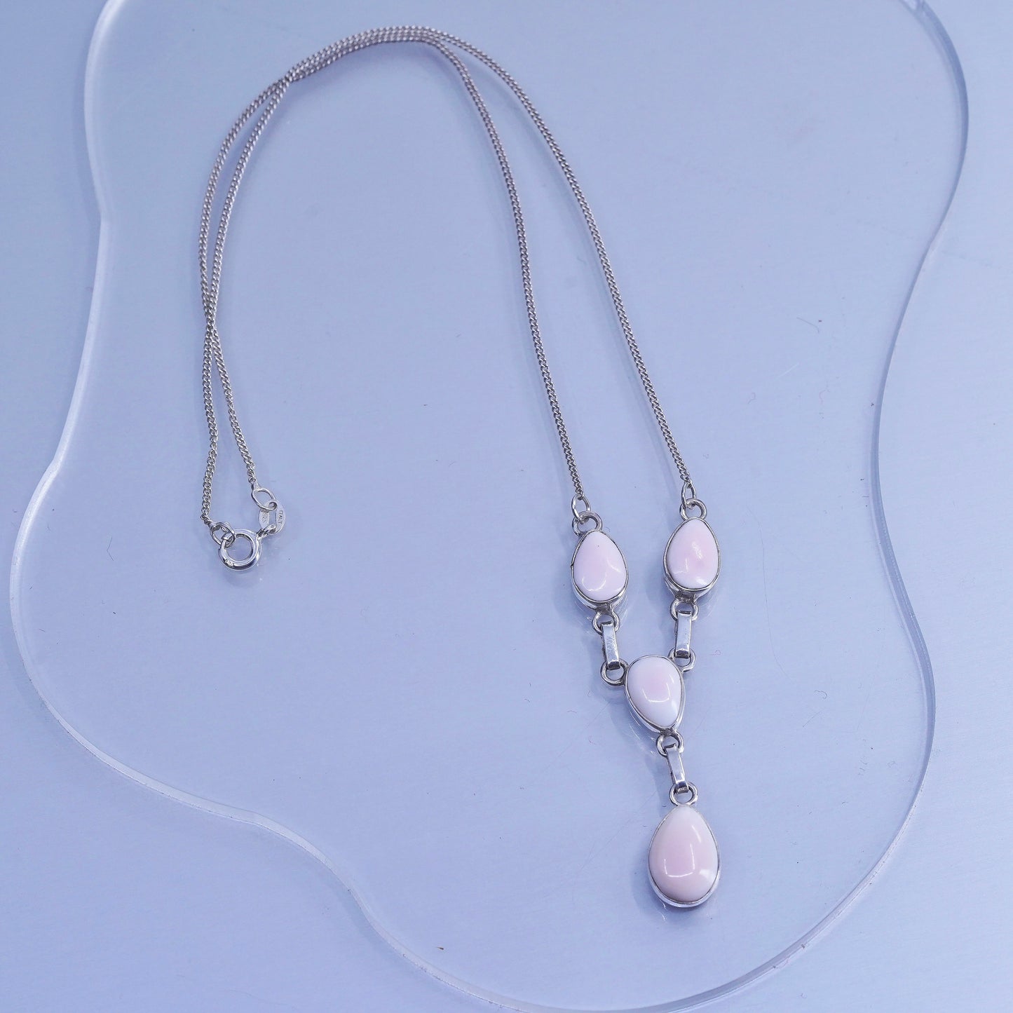 16”, Italian Sterling 925 silver curb chain necklace with teardrop pink opal