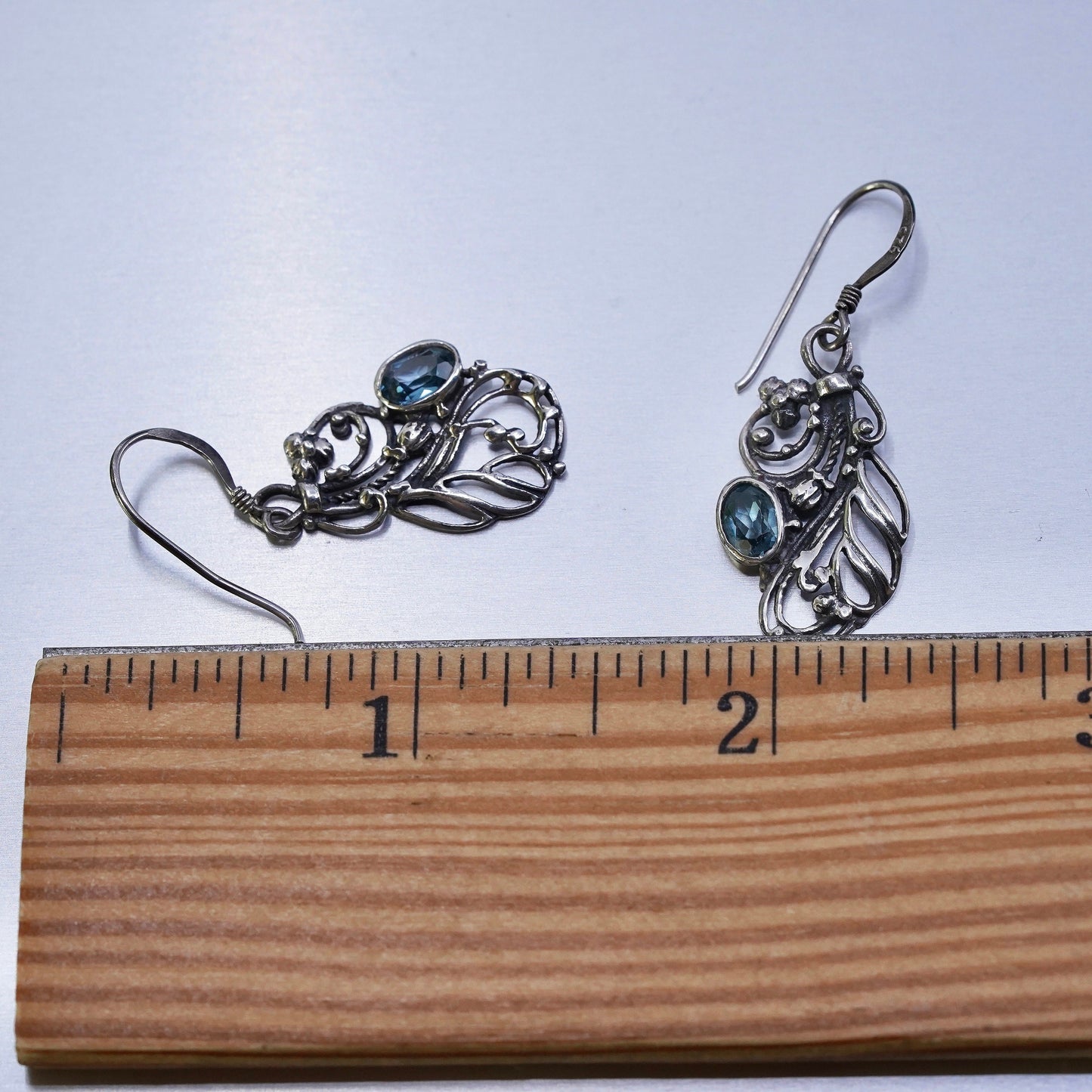 Vintage Sterling 925 silver filigree beaded earrings with blue topaz