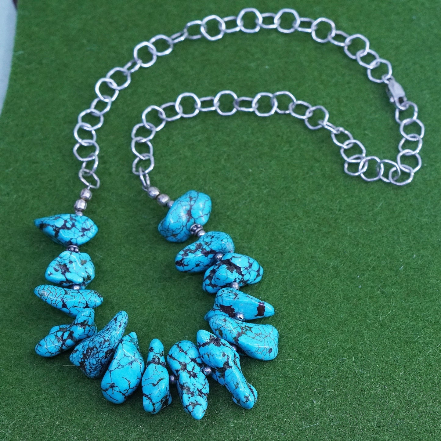 16”, Vintage sterling silver 925 necklace with nugget spiderwebbed turquoise