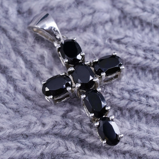 Vintage sterling silver handmade pendant, 925 cross with black spinels