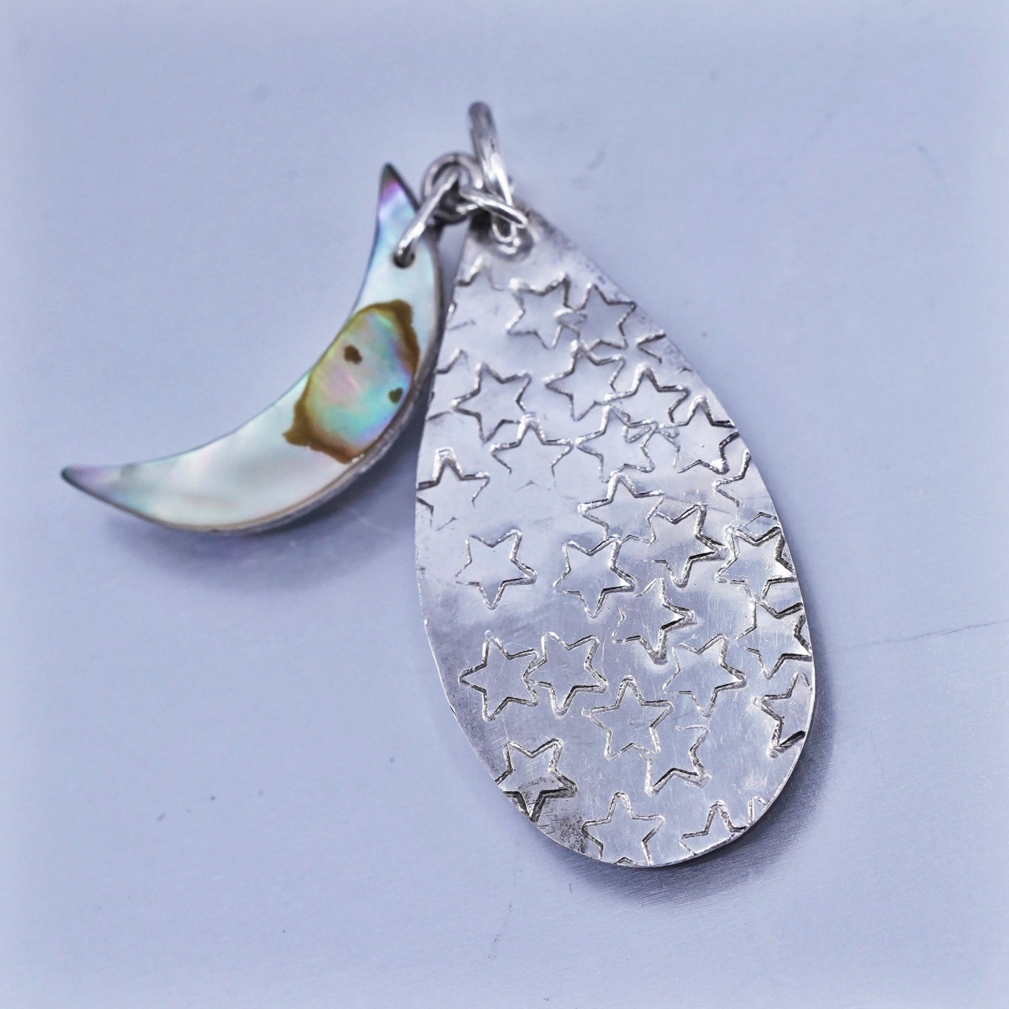 vintage Sterling silver 925 teardrop charm pendant embossed stars abalone moon