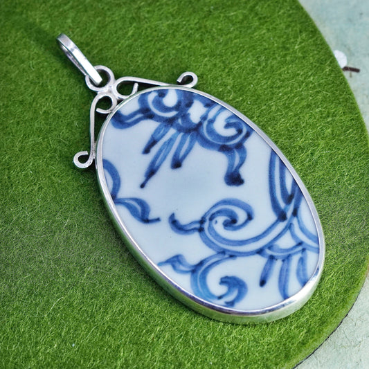 vintage handmade sterling 925 silver pendant with oval blue porcelain China