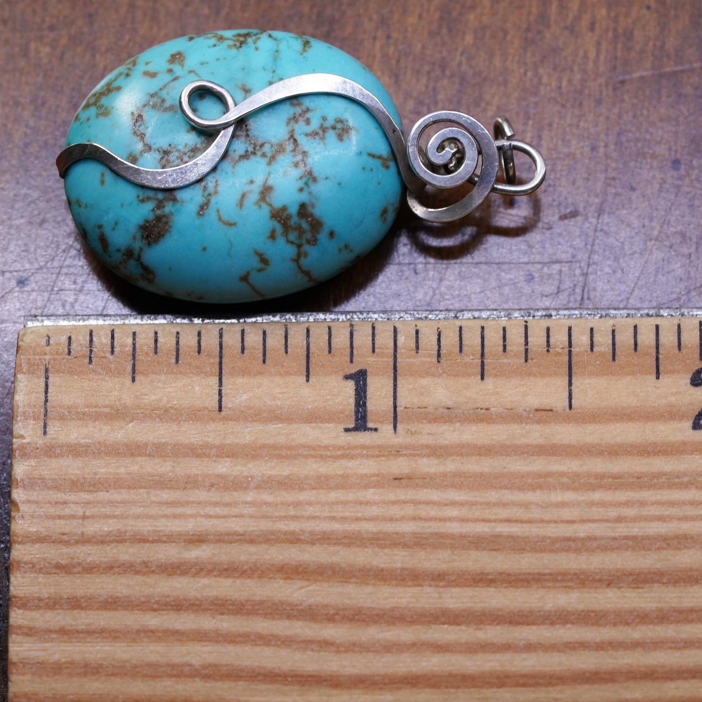 Native American Sterling 925 silver handmade wired spiral pendant w/ turquoise