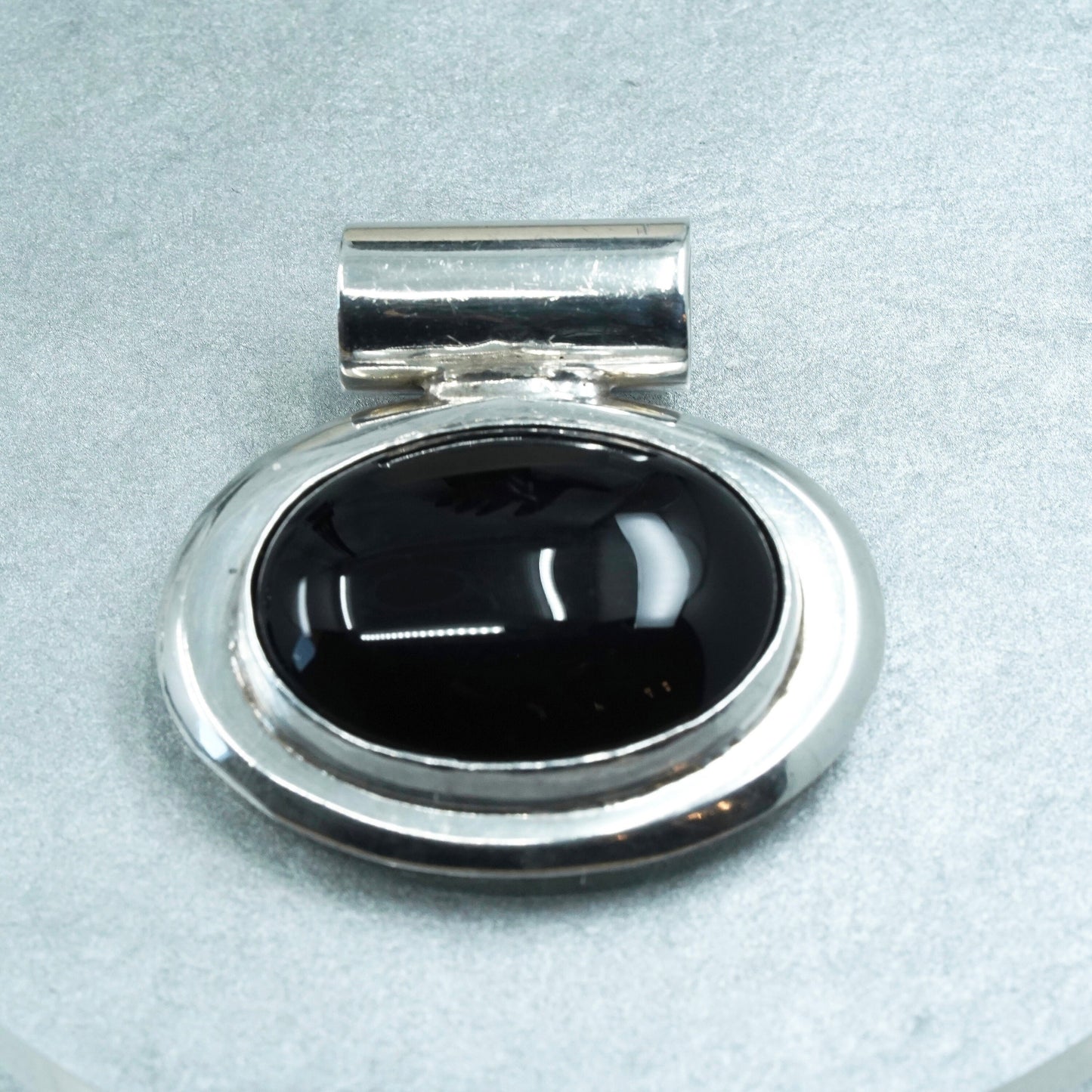 vintage sterling 925 silver handmade huge oval pendant with onyx inlay