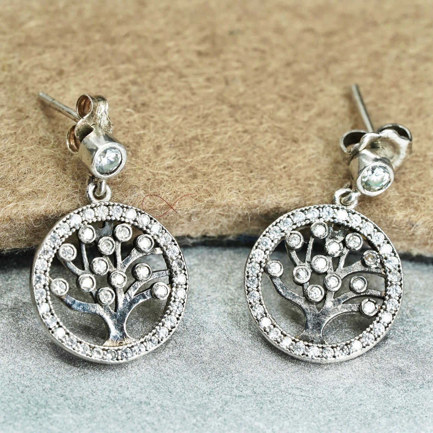 Vintage Sterling 925 silver handmade filigree tree earrings with cluster cz