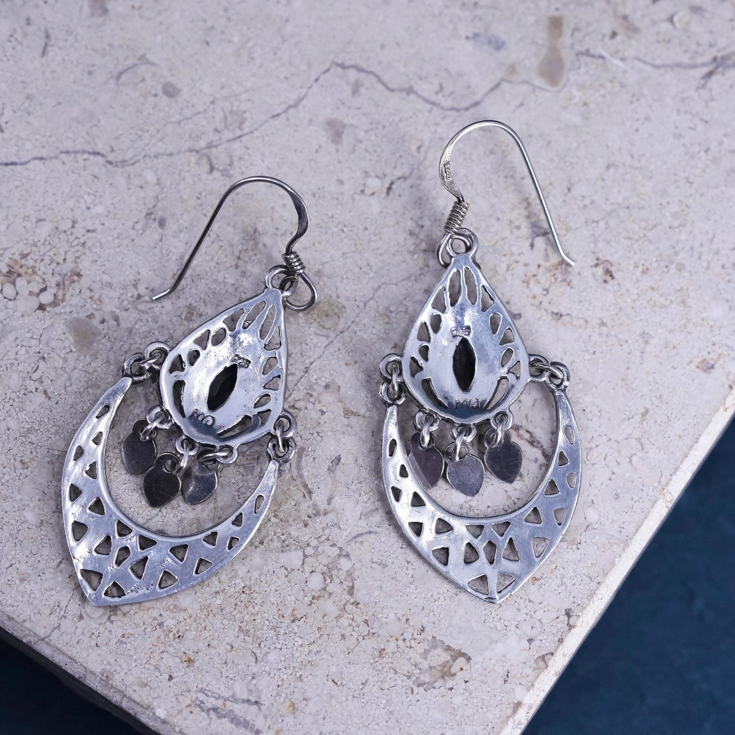 Vintage Sterling 925 Silver filigree Earrings with onyx inlay fridge dangles