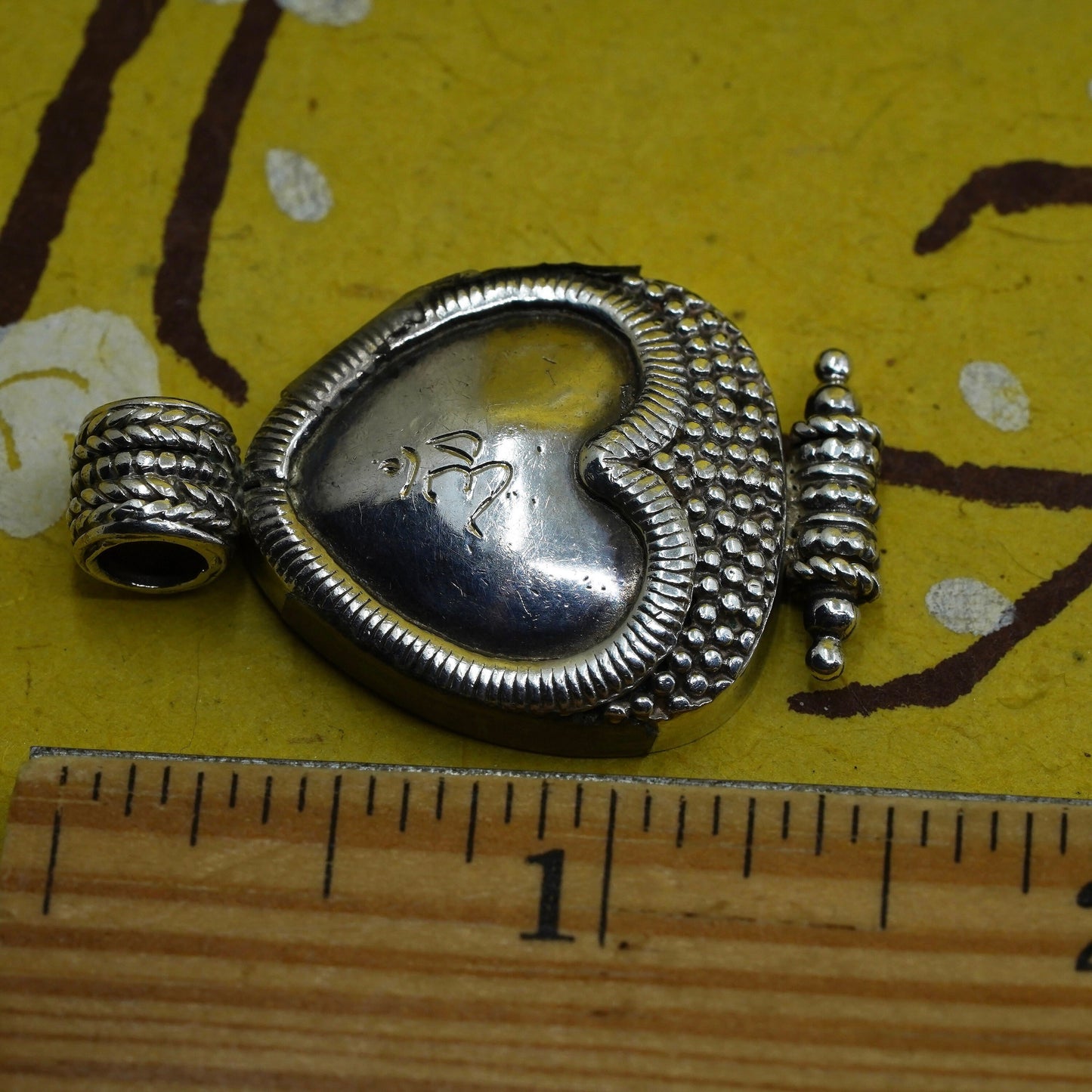 Sterling silver handmade pendant, 925 silver heart with om aum embossed beads