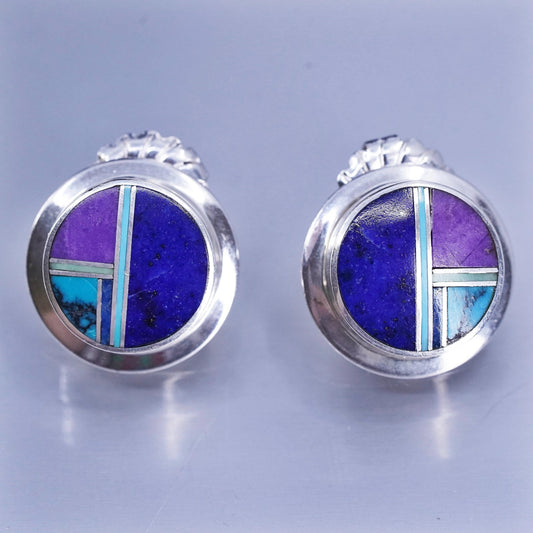 Native American Zuni W Sterling 925 silver earrings, studs turquoise lapis