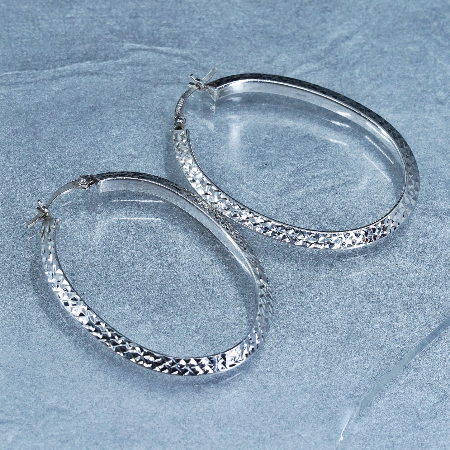 1.75”, vintage Sterling silver handmade earrings, 925 textured oval hoops