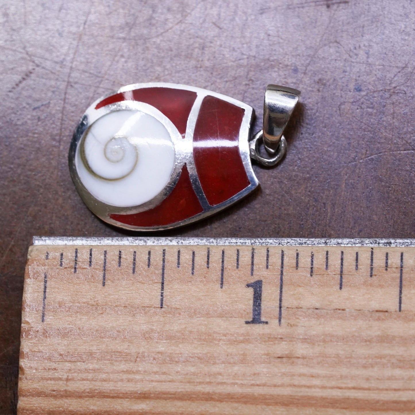 Sterling 925 Silver Shiva eye pendant red enamel | Mexican Jewelry fossil shell