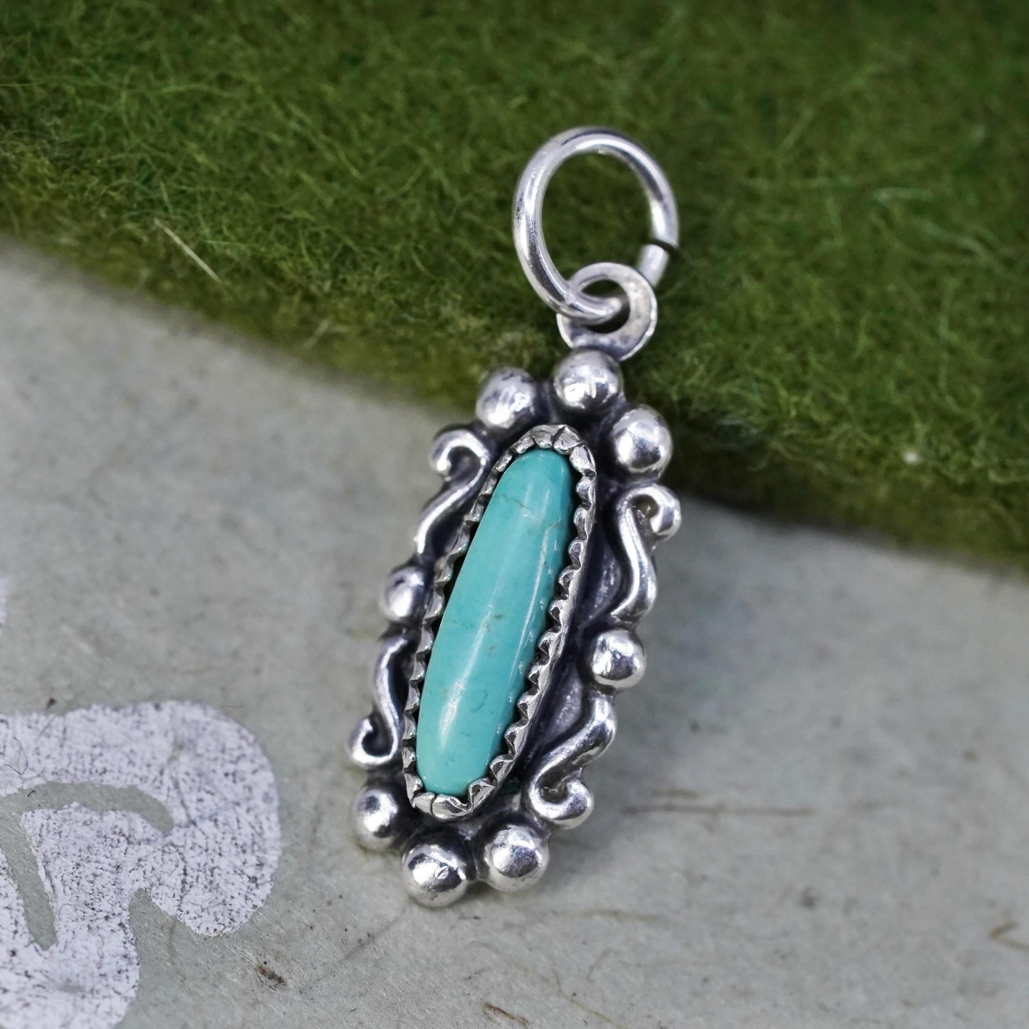 Southwestern sterling 925 silver handmade turquoise charm pendant with beads