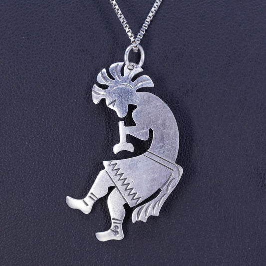 Native American sterling 925 silver box chain necklace kokopelli pendant charm