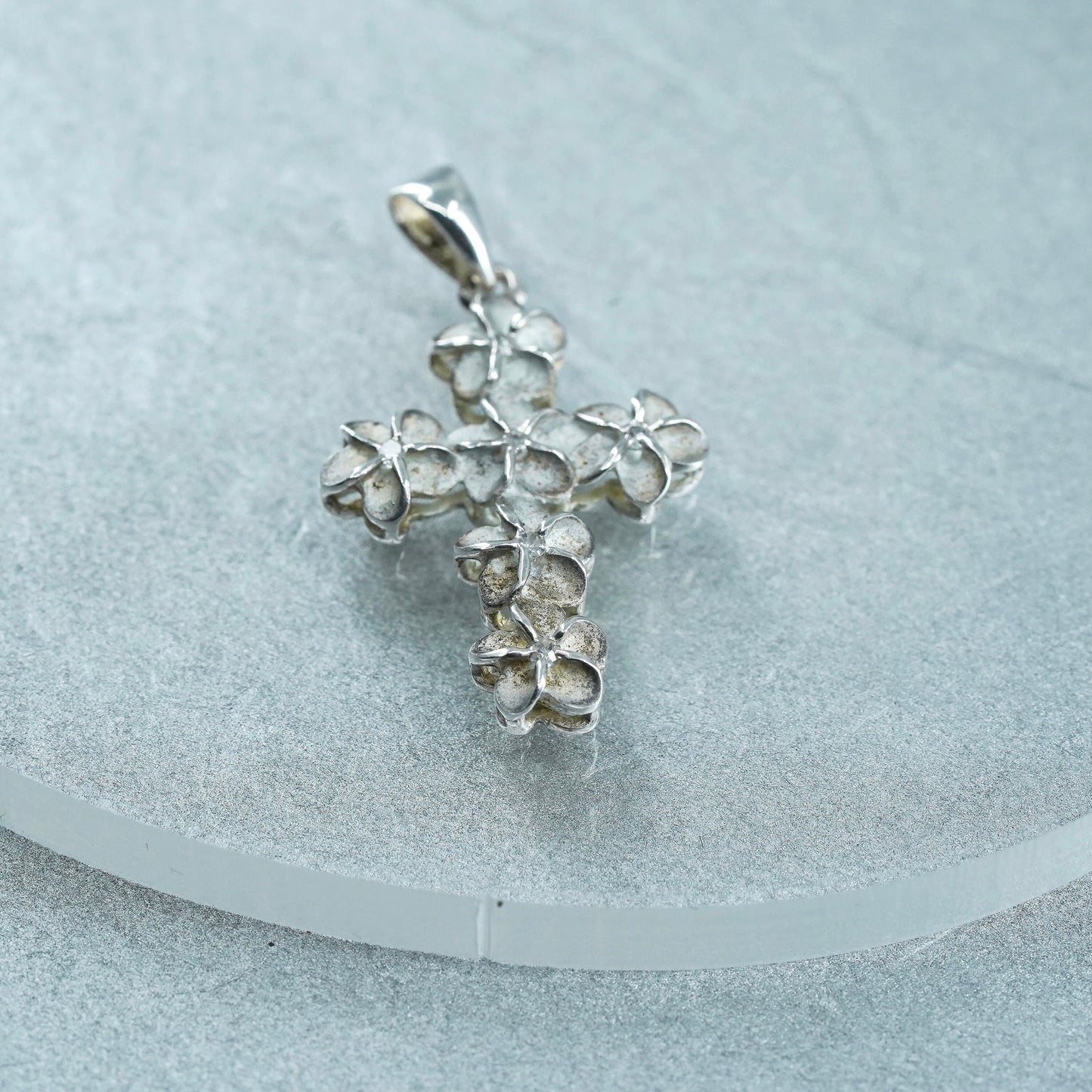 vintage sterling 925 silver plumeria flower cross pendant with diamond