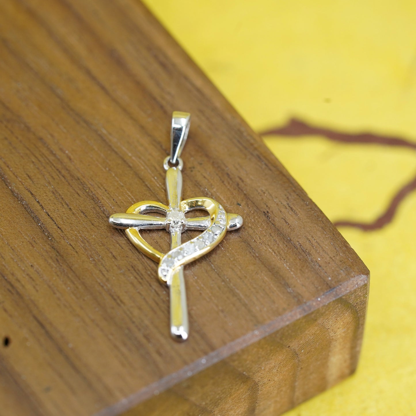 Vintage two tone Sterling silver handmade pendant, 925 heart cross with diamond