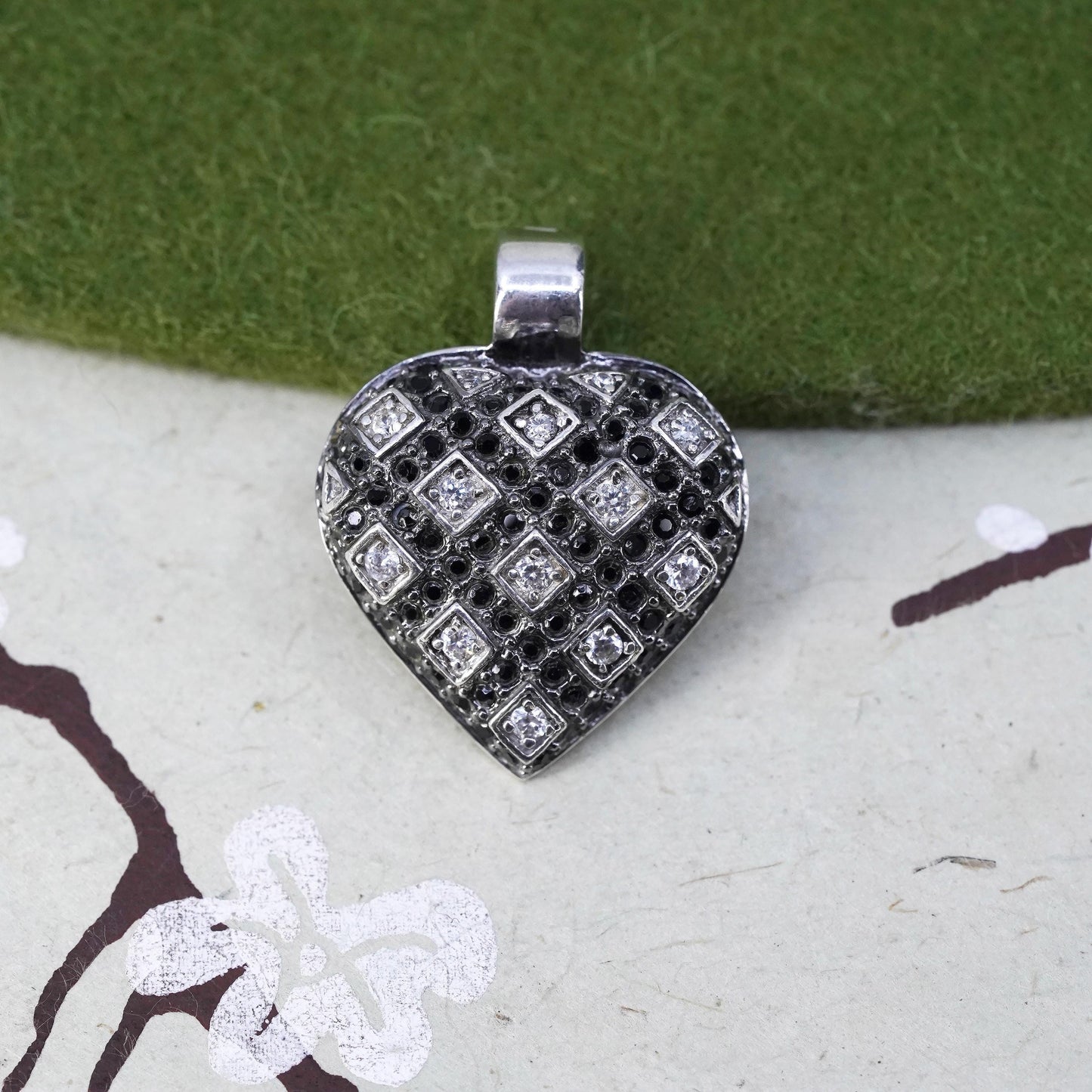 Vintage two tone sterling 925 silver heart pendant with cluster clear Cz and spinel