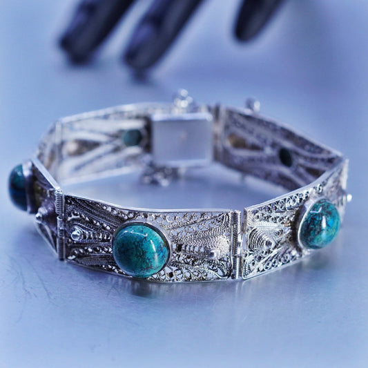 7”, Sterling 925 silver handmade bracelet, filigree rectangular link turquoise