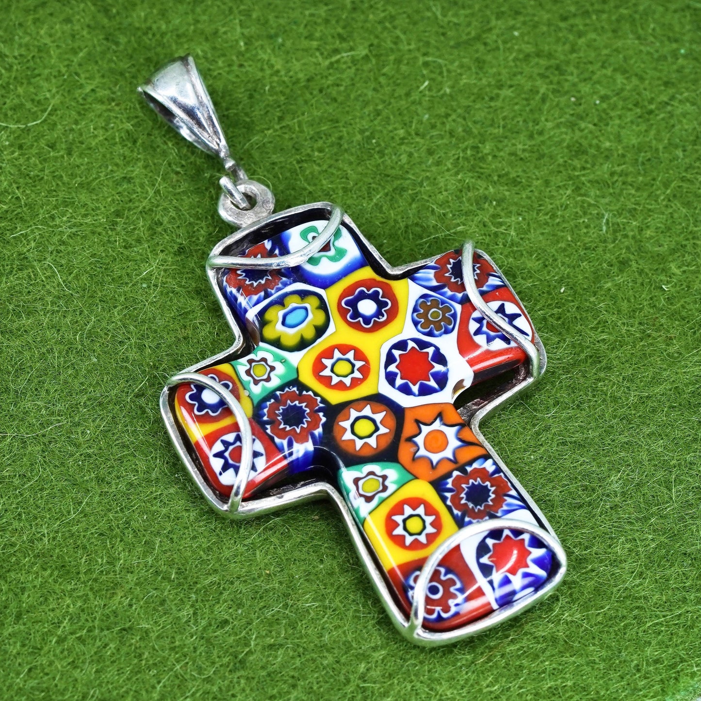 sterling 925 silver cross pendant with multi colored authentic murano glass