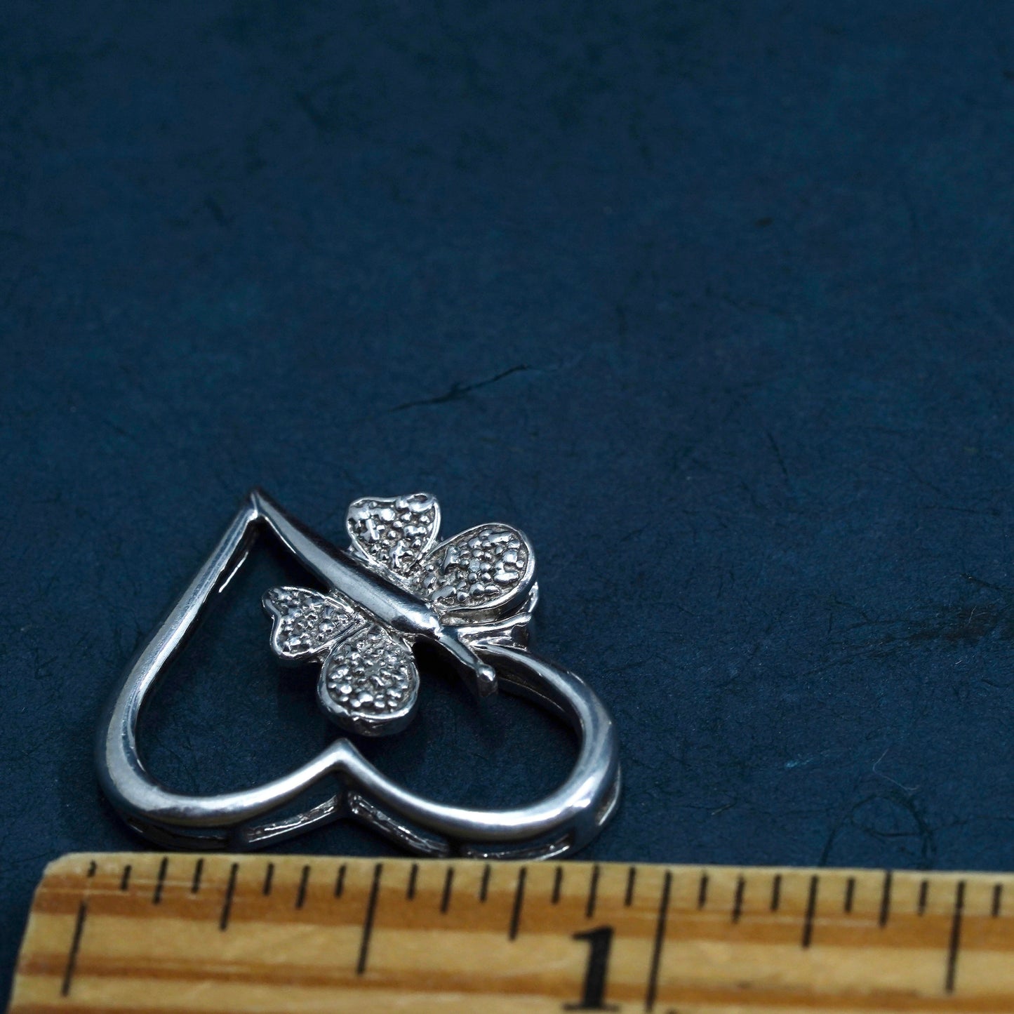 Vintage Sterling 925 silver heart pendant with butterfly and diamond