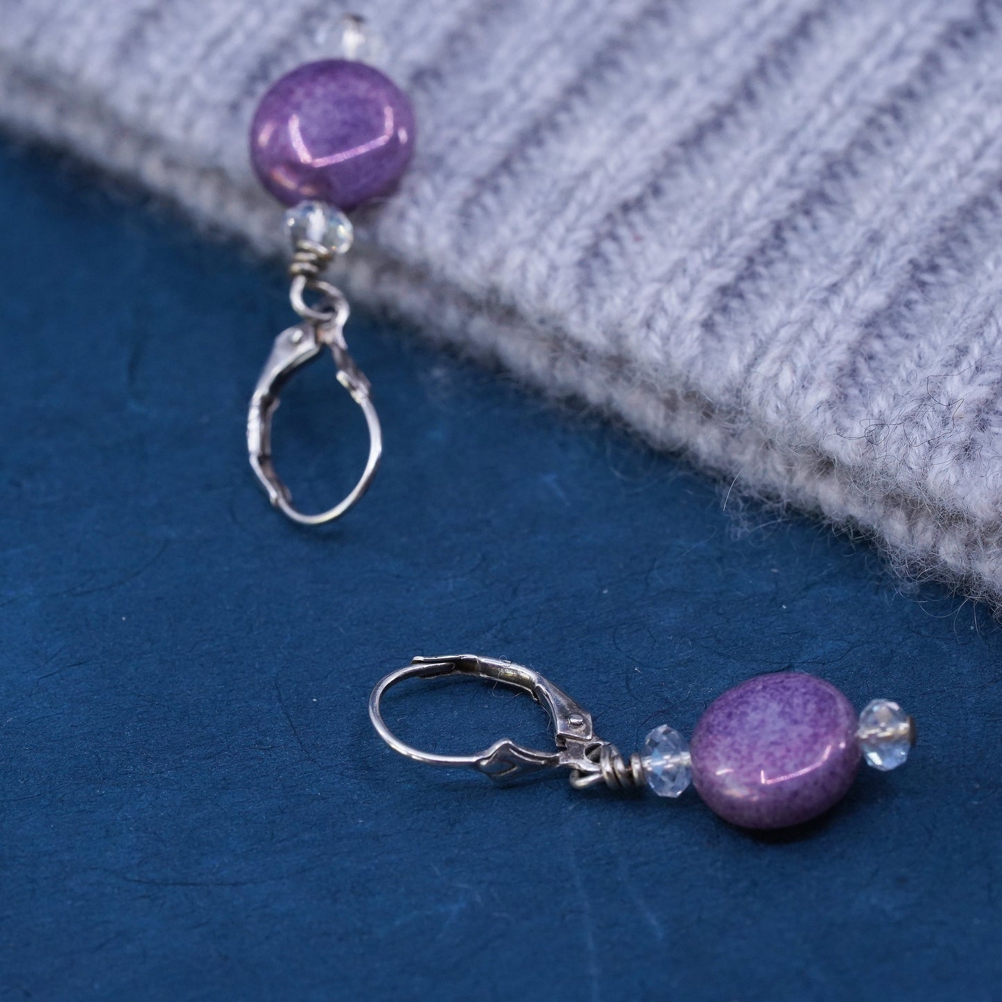 Vintage sterling 925 silver handmade earrings, with purple disc