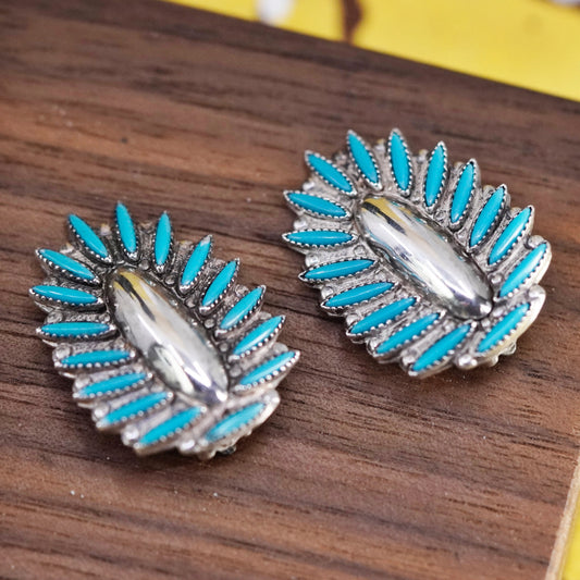 Native American Zuni Sterling 925 silver earrings, blast clip on with turquoise