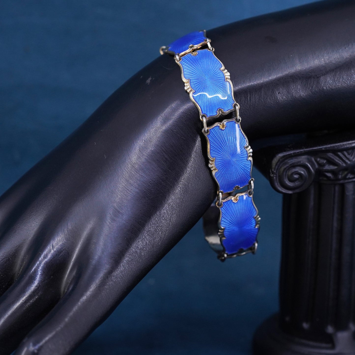 7.25”, Norway gold over sterling 925 silver handmade bracelet with blue enamel