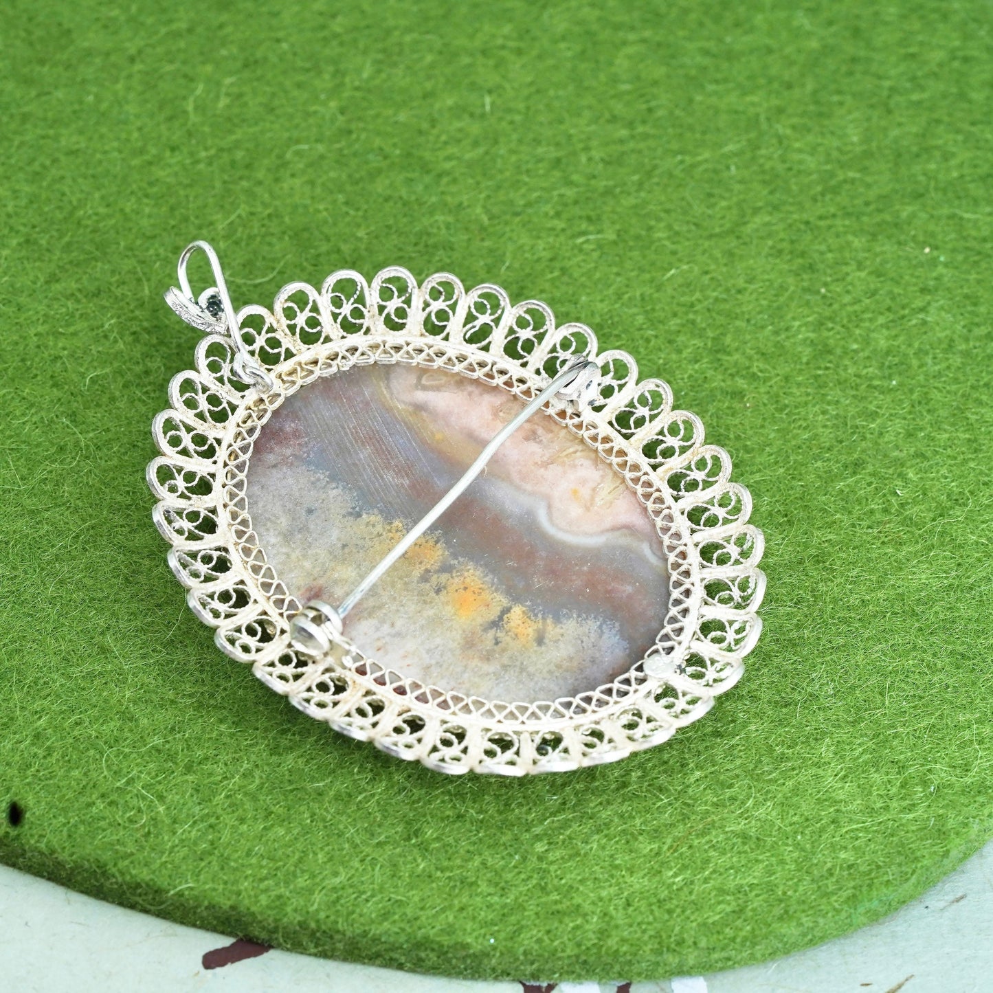 Sterling silver handmade brooch, 900 filigree pendant, oval landscape agate