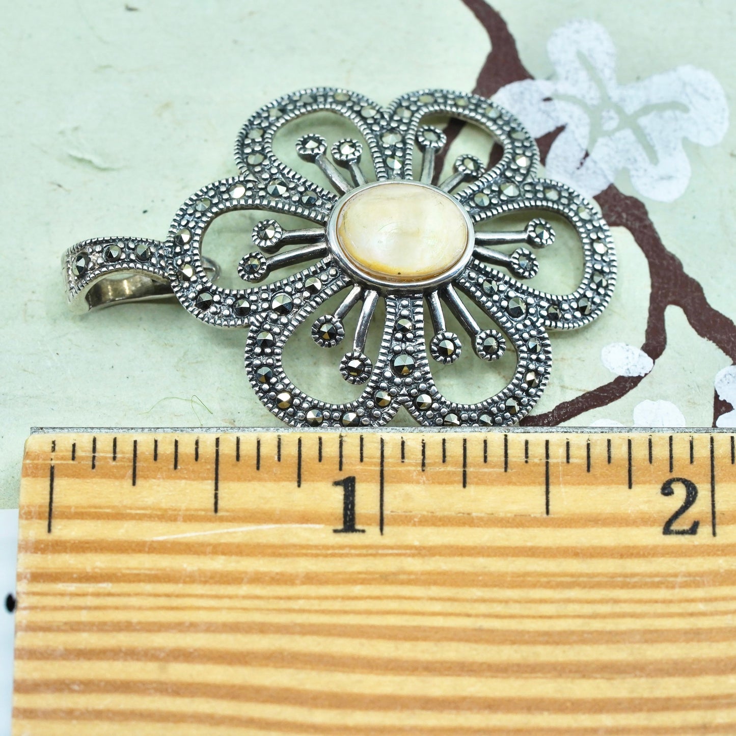 sterling silver handmade pendant, 925 flower with marcasite and mother of pearl