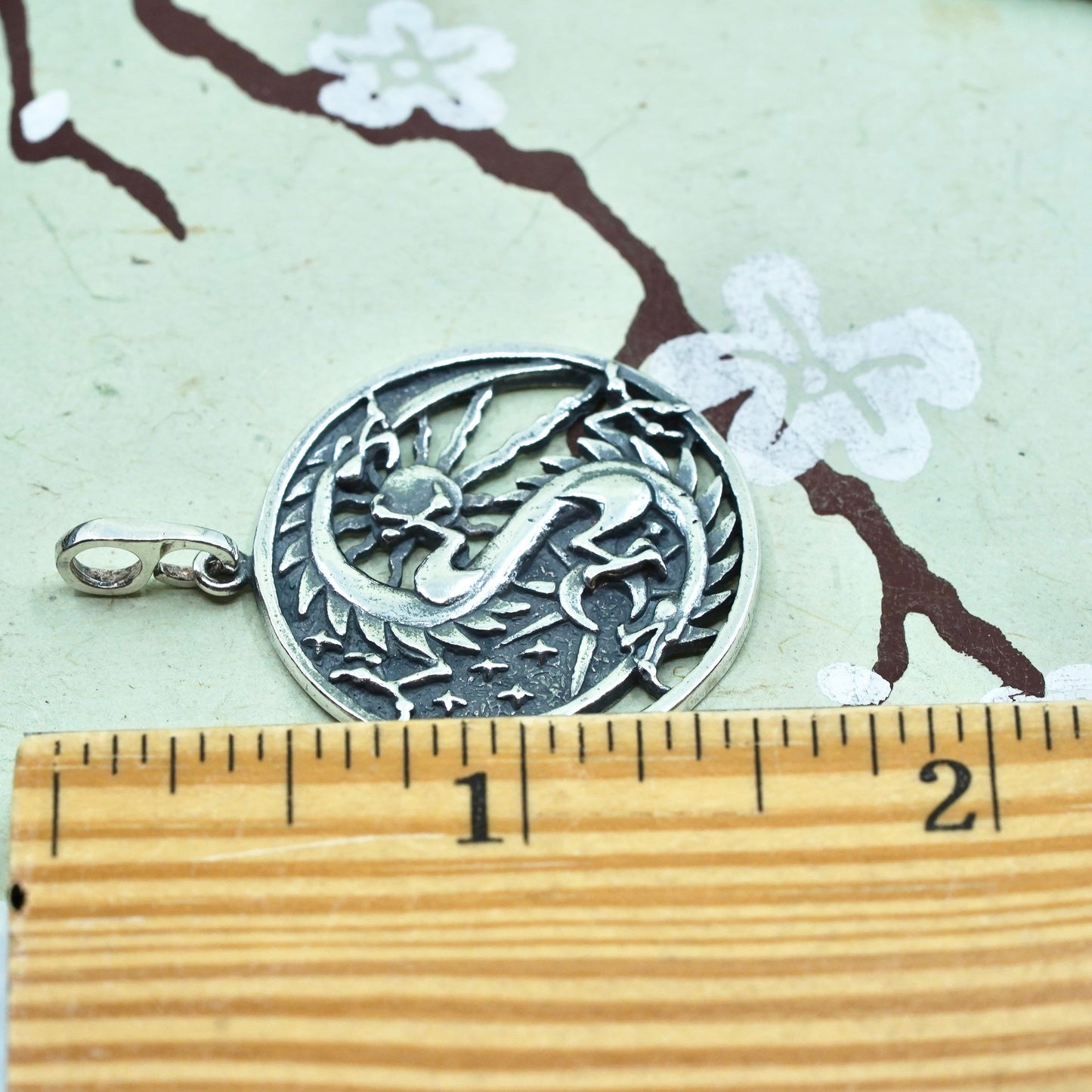 Vintage sterling silver handmade pendant, 925 dragon sun moon circle