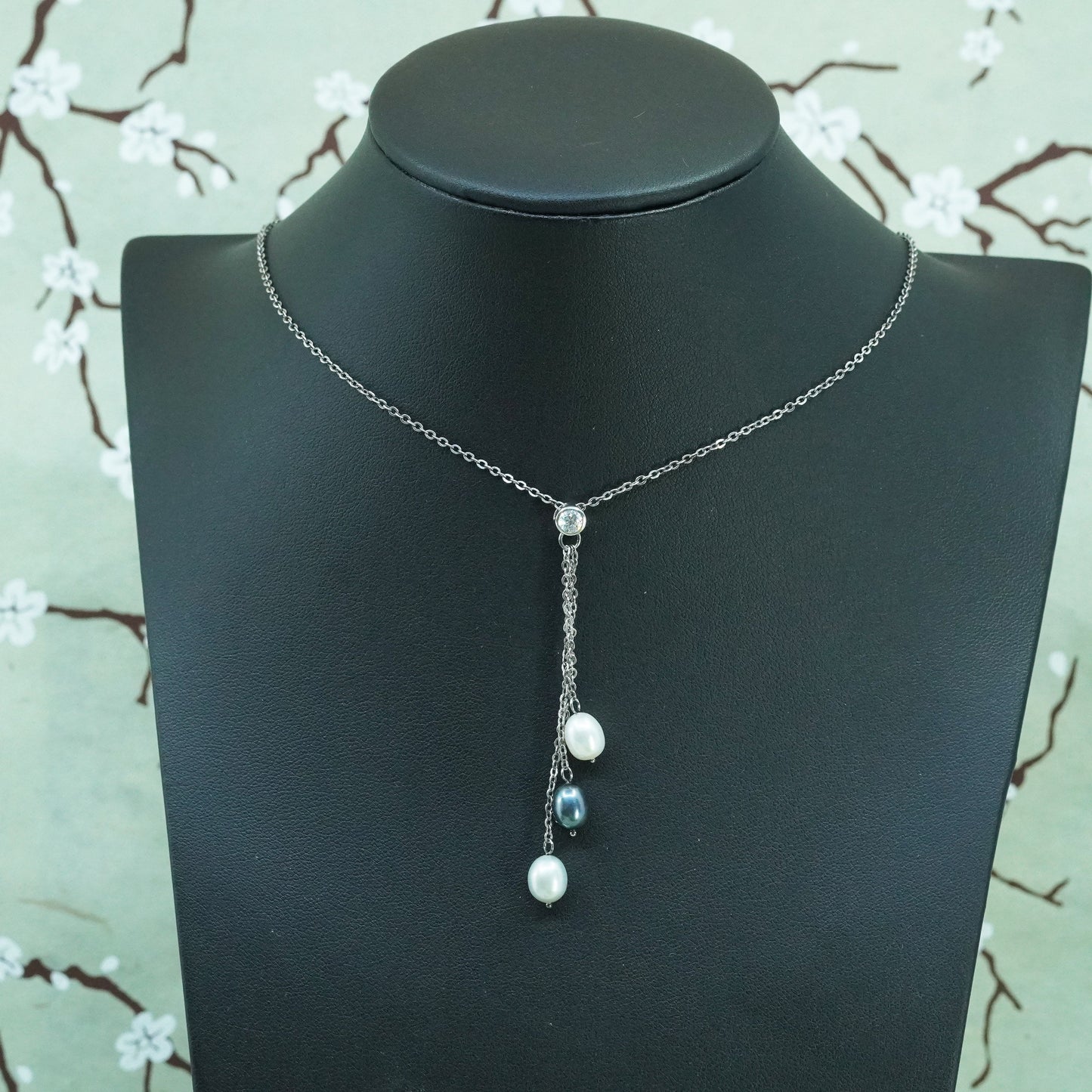 16”, sterling 925 silver handmade necklace, circle chain with pearl pendants