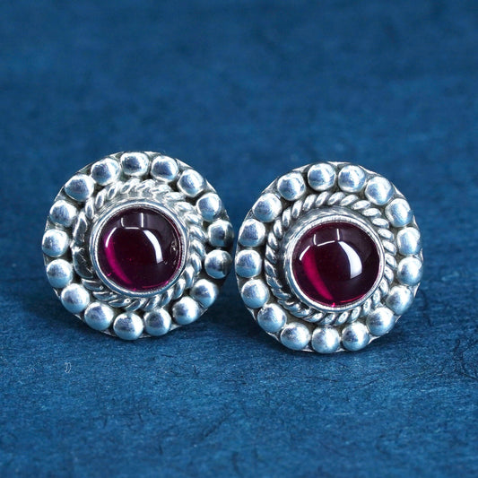 Vintage sterling silver handmade earrings, 925 studs with garnet