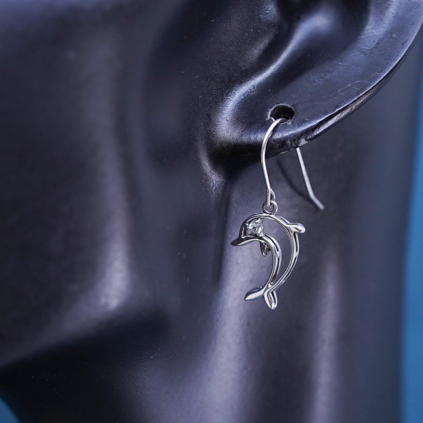 Vintage sterling silver dolphin earrings, 925 silver dolphin with cz