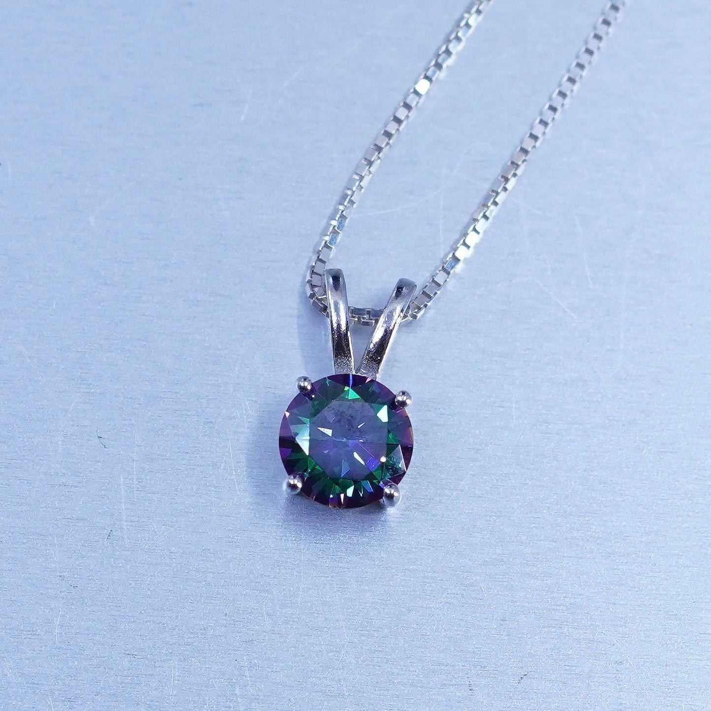 18”, vintage Sterling 925 silver handmade box necklace with rainbow topaz