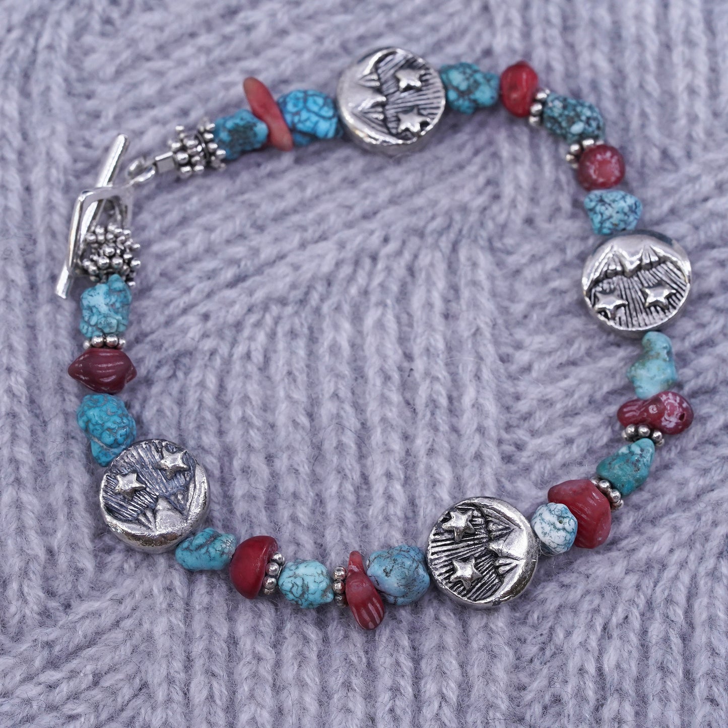 7.5”, sterling silver bracelet, Native American turquoise coral sunface beads