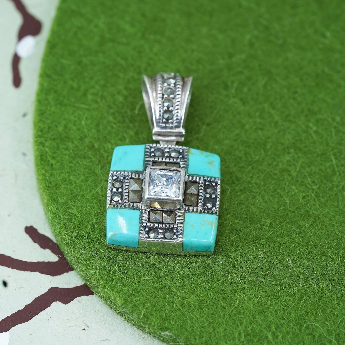 vtg Sterling Silver 925 handmade square pendant with turquoise marcasite and cz