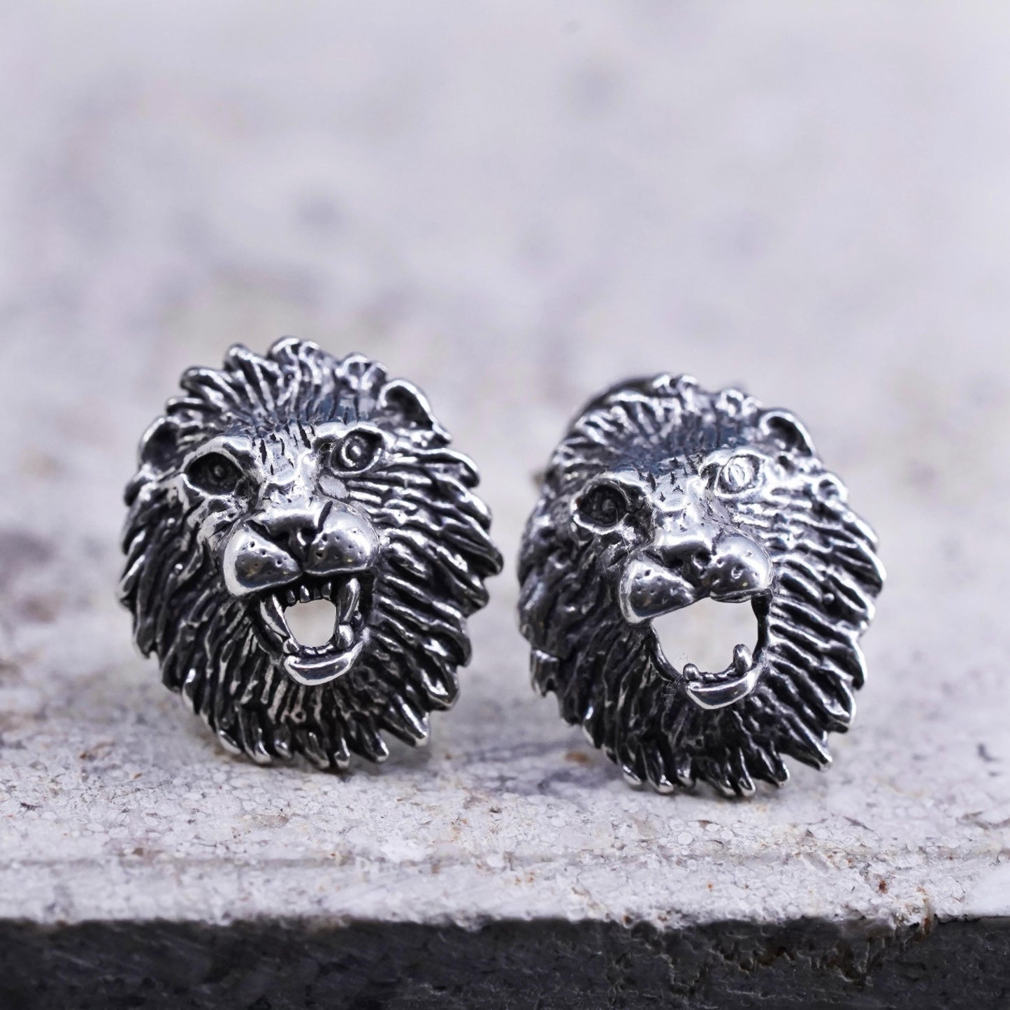 Vintage Sterling silver handmade studs, 925 silver lion cat kitty earrings