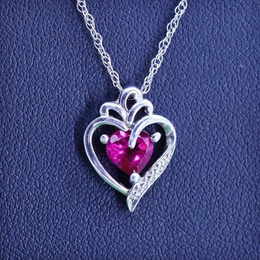 18", sterling silver necklace, 925 Singapore rope chain with ruby heart charms