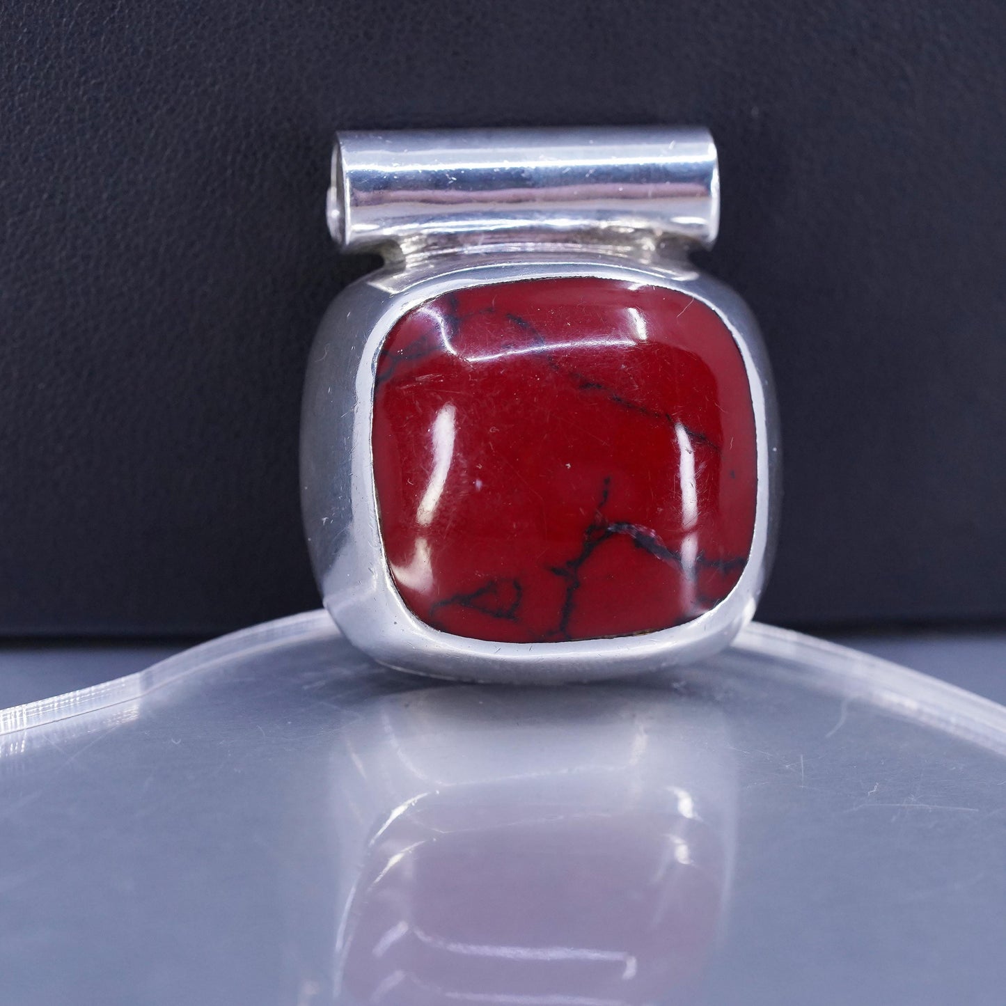 Vintage Mexican sterling 925 silver handmade square slide pendant w/ red jasper